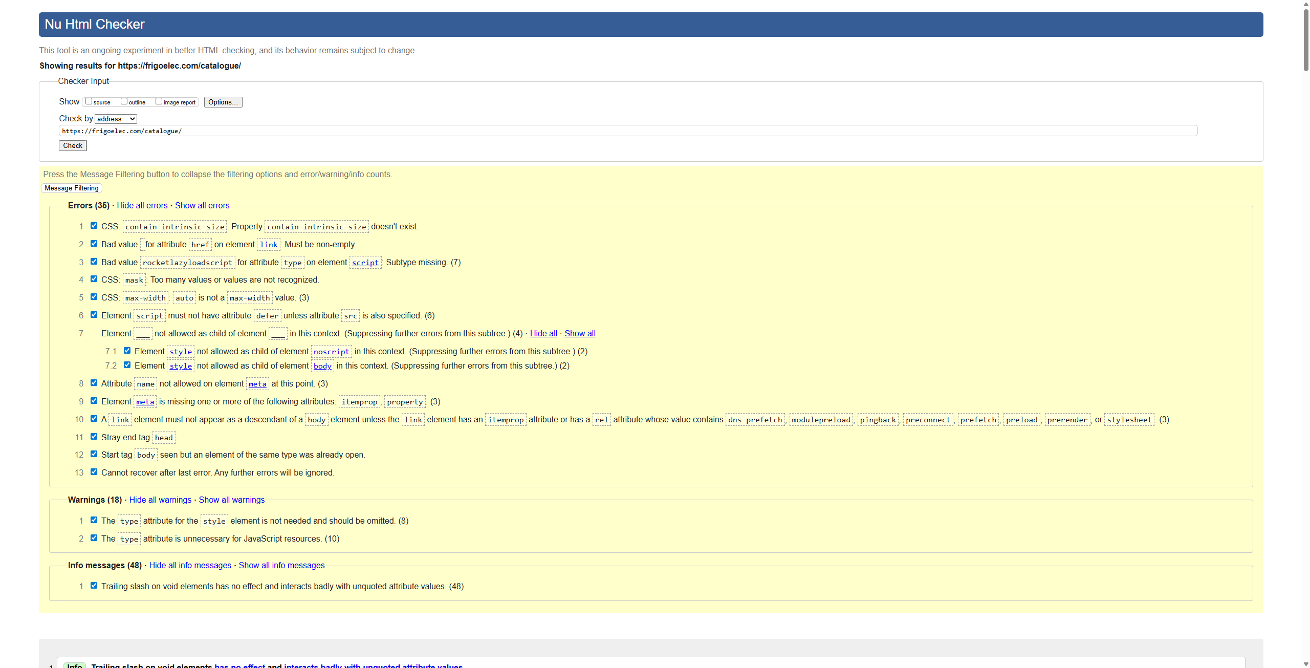Catalogue page before optimization snapshot