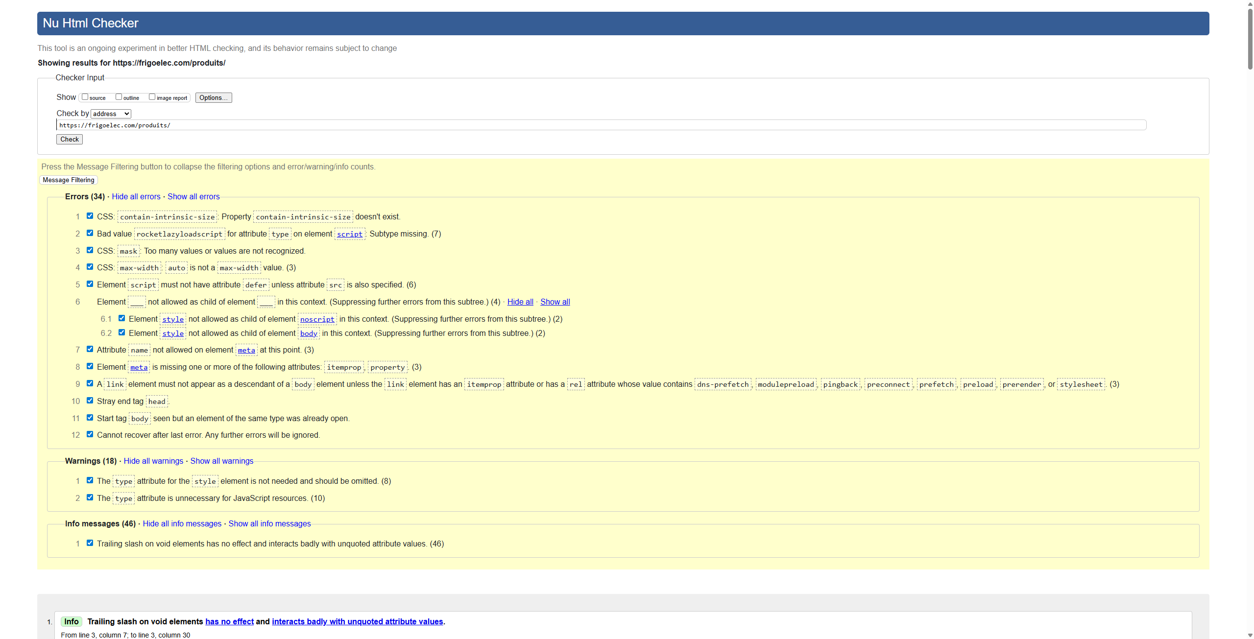 Products page before optimization snapshot
