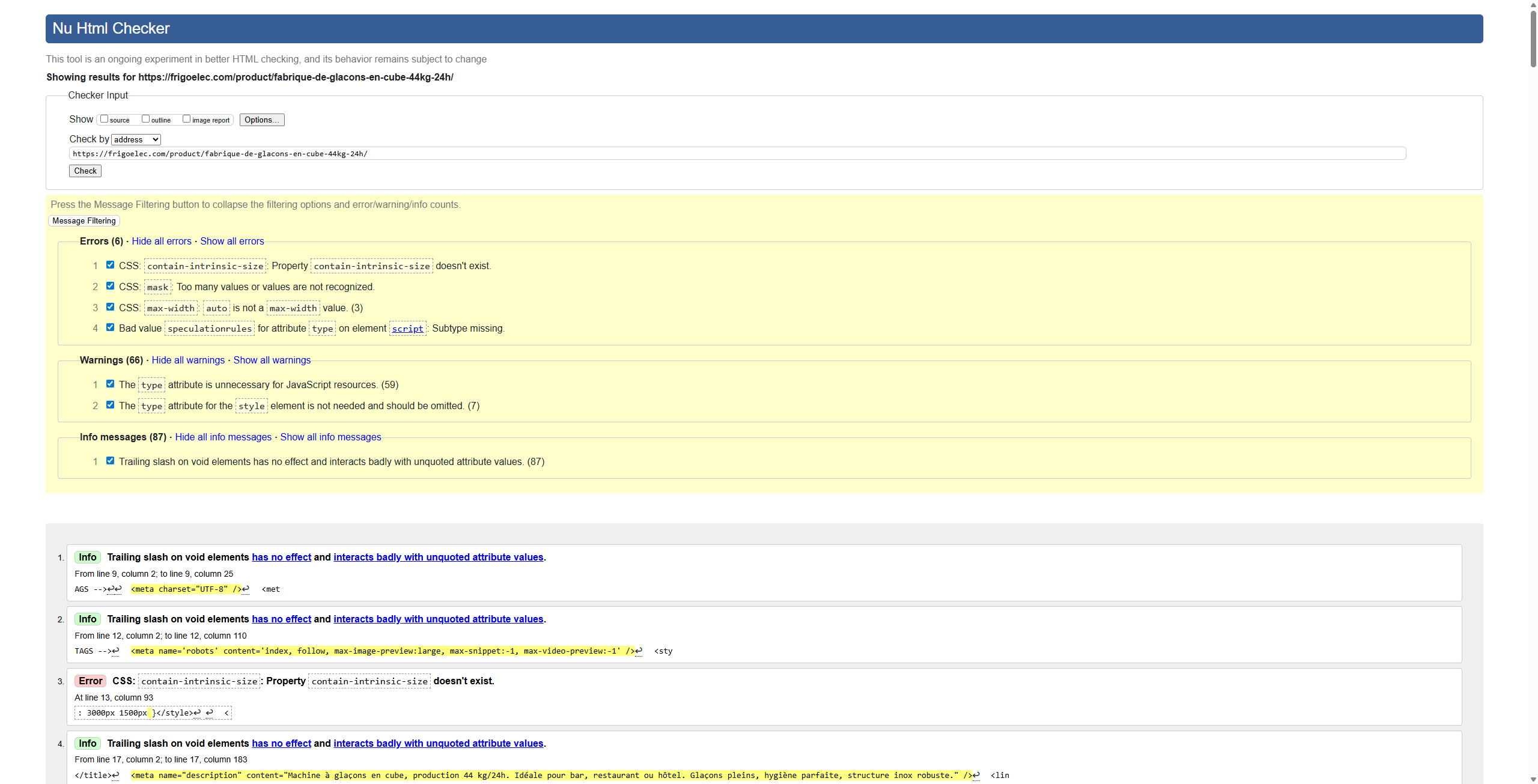 Single product page before optimization snapshot