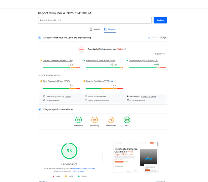 Desktop performance snapshot before optimization