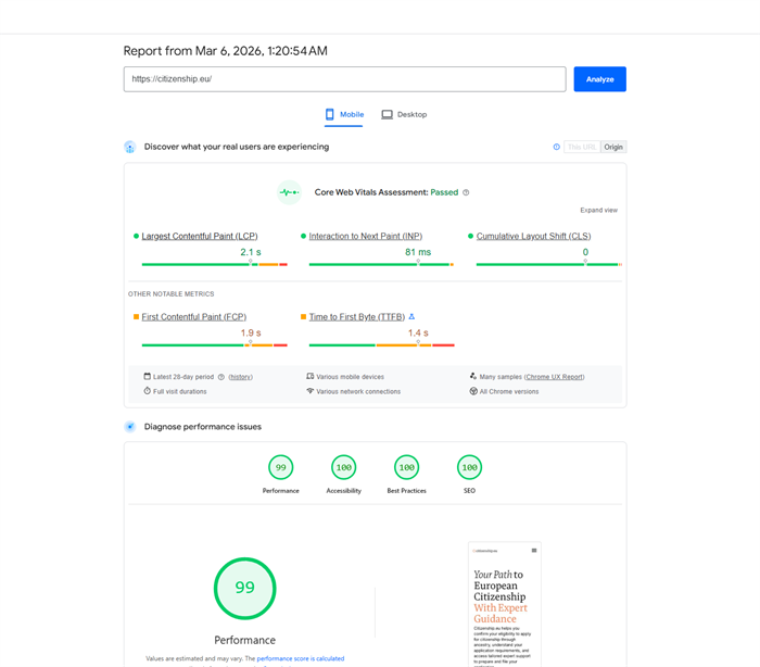Mobile performance snapshot after optimization