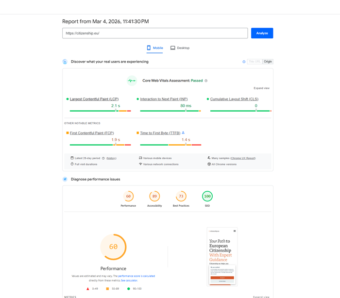 Mobile performance snapshot before optimization