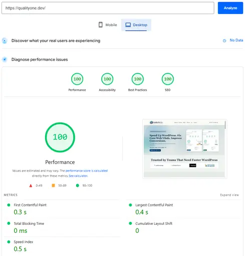 Desktop WordPress performance optimization preview