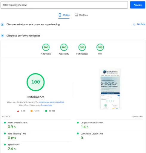 Mobile WordPress Core Web Vitals preview